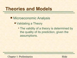 Chapter 1: Preliminaries Slide
Theories and Models
 Microeconomic Analysis
Validating a Theory

The validity of a theory is determined by
the quality of its prediction, given the
assumptions.
 
