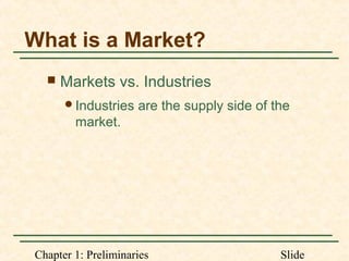 Chapter 1: Preliminaries Slide
What is a Market?
 Markets vs. Industries
Industries are the supply side of the
market.
 