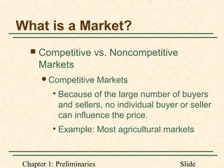 Chapter 1: Preliminaries Slide
What is a Market?
 Competitive vs. Noncompetitive
Markets
Competitive Markets

Because of the large number of buyers
and sellers, no individual buyer or seller
can influence the price.

Example: Most agricultural markets
 