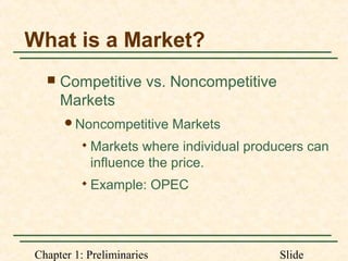 Chapter 1: Preliminaries Slide
What is a Market?
 Competitive vs. Noncompetitive
Markets
Noncompetitive Markets

Markets where individual producers can
influence the price.

Example: OPEC
 