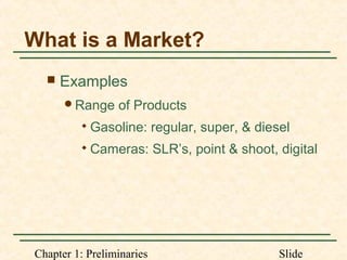 Chapter 1: Preliminaries Slide
What is a Market?
 Examples
Range of Products

Gasoline: regular, super, & diesel

Cameras: SLR’s, point & shoot, digital
 