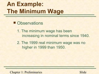 Chapter 1: Preliminaries Slide
An Example:
The Minimum Wage
 Observations
1. The minimum wage has been
increasing in nominal terms since 1940.
2. The 1999 real minimum wage was no
higher in 1999 than 1950.
 