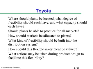 © 2007 Pearson Education
Toyota
Where should plants be located, what degree of
flexibility should each have, and what capacity should
each have?
Should plants be able to produce for all markets?
How should markets be allocated to plants?
What kind of flexibility should be built into the
distribution system?
How should this flexible investment be valued?
What actions may be taken during product design to
facilitate this flexibility?
 