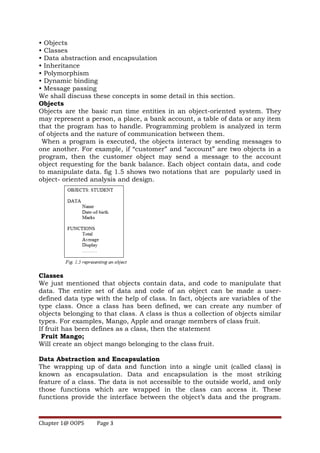 • Objects
• Classes
• Data abstraction and encapsulation
• Inheritance
• Polymorphism
• Dynamic binding
• Message passing
We shall discuss these concepts in some detail in this section.
Objects
Objects are the basic run time entities in an object-oriented system. They
may represent a person, a place, a bank account, a table of data or any item
that the program has to handle. Programming problem is analyzed in term
of objects and the nature of communication between them.
When a program is executed, the objects interact by sending messages to
one another. For example, if “customer” and “account” are two objects in a
program, then the customer object may send a message to the account
object requesting for the bank balance. Each object contain data, and code
to manipulate data. fig 1.5 shows two notations that are popularly used in
object- oriented analysis and design.
Classes
We just mentioned that objects contain data, and code to manipulate that
data. The entire set of data and code of an object can be made a user-
defined data type with the help of class. In fact, objects are variables of the
type class. Once a class has been defined, we can create any number of
objects belonging to that class. A class is thus a collection of objects similar
types. For examples, Mango, Apple and orange members of class fruit.
If fruit has been defines as a class, then the statement
Fruit Mango;
Will create an object mango belonging to the class fruit.
Data Abstraction and Encapsulation
The wrapping up of data and function into a single unit (called class) is
known as encapsulation. Data and encapsulation is the most striking
feature of a class. The data is not accessible to the outside world, and only
those functions which are wrapped in the class can access it. These
functions provide the interface between the object’s data and the program.
Chapter 1@ OOPS Page 3
 