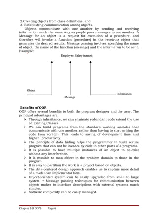 2.Creating objects from class definitions, and
3. Establishing communication among objects.
Objects communicate with one another by sending and receiving
information much the same way as people pass messages to one another. A
Message for an object is a request for execution of a procedure, and
therefore will invoke a function (procedure) in the receiving object that
generates the desired results. Message passing involves specifying the name
of object, the name of the function (message) and the information to be sent.
Example:
Benefits of OOP
OOP offers several benefits to both the program designer and the user. The
principal advantages are:
 Through inheritance, we can eliminate redundant code extend the use
of existing Classes.
 We can build programs from the standard working modules that
communicate with one another, rather than having to start writing the
code from scratch. This leads to saving of development time and
higher productivity.
 The principle of data hiding helps the programmer to build secure
program that can not be invaded by code in other parts of a programs.
 It is possible to have multiple instances of an object to co-exist
without any interference.
 It is possible to map object in the problem domain to those in the
program.
 It is easy to partition the work in a project based on objects.
 The data-centered design approach enables us to capture more detail
of a model can implemental form.
 Object-oriented system can be easily upgraded from small to large
system. • Message passing techniques for communication between
objects makes to interface descriptions with external systems much
simpler.
 Software complexity can be easily managed.
Chapter 1@ OOPS Page 6
 