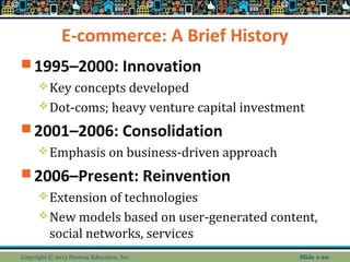 E-commerce: A Brief History
 1995–2000: Innovation
Key concepts developed
Dot-coms; heavy venture capital investment
 2001–2006: Consolidation
Emphasis on business-driven approach
 2006–Present: Reinvention
Extension of technologies
New models based on user-generated content,
social networks, services
Copyright © 2013 Pearson Education, Inc. Slide 1-20
 