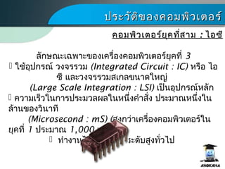 ประวัติของคอมพิว๶ตอร์ประวัติของคอมพิว๶ตอร์

คอมพิว๶ตอร์ยุคที่สามคอมพิว๶ตอร์ยุคที่สาม :: ไอซีไอซี
ลักษณะเฉพาะของเครื่องคอมพิว๶ตอร์ยุคที่ 3
 ใช้อุปกรณ์ วงจรรวม (Integrated Circuit : IC) หรือ ไอ
ซี และวงจรรวมสเกลขนาดใหญ่
(Large Scale Integration : LSI) เป็นอุปกรณ์หลัก
 ความเร็วในการประมวลผลในหนึ่งคำาสั่ง ประมาณหนึ่งใน
ล้านของวินาที
(Microsecond : mS) (สูงกว่าเครื่องคอมพิว๶ตอร์ใน
ยุคที่ 1 ประมาณ 1,000 เท่า)
 ทำางานได้ด้วยภาษาระดับสูงทั่วไป
 