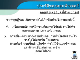 4. เครื่องคอมพิว๶ตอร์มีความต้องการใช้พลังงานไฟฟ้า
และระบบระบายความร้อนลดลง
5. การเชื่อมต่อระหว่างส่วนประกอบภายในไอซีมีความไว้
วางใจได้มากขึ้น โดยเฉพาะ
การเพิ่มจำานวนชิ้นส่วนในชิพ ทำาให้มีจำานวนชิพลดลง
และมีการเชื่อมต่อระหว่างชิพ
ลดลงไปด้วย
ประวัติของคอมพิว๶ตอร์ประวัติของคอมพิว๶ตอร์
คอมพิว๶ตอร์ยุคที่สามคอมพิว๶ตอร์ยุคที่สาม :: ไอซีไอซี
จากทฤษฏีของ Moore ทำาให้เกิดข้อเท็จจริงตามมาดังนี้
 