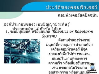 ประวัติของคอมพิว๶ตอร์ประวัติของคอมพิว๶ตอร์
คอมพิว๶ตอร์ยุคปัจจุบันคอมพิว๶ตอร์ยุคปัจจุบัน
1. ระบบหุ่นยนต์ หรือแขนกล (Robotics or Robotarm
System)
องค์ประกอบของระบบปัญญาประดิษฐ์
ประกอบด้วย 4 หัวข้อ ได้แก่
คือหุ่นจำาลองร่างกาย
มนุษย์ที่ควบคุมการทำางานด้วย
เครื่องคอมพิว๶ตอร์ มีจุด
ประสงค์เพื่อให้ทำางานแทน
มนุษย์ในงานที่ต้องการ
ความเร็ว หรือเสี่ยงอันตราย
เช่น แขนกลในโรงงาน
อุตสาหกรรม หรือหุ่นยนต์กู้
 