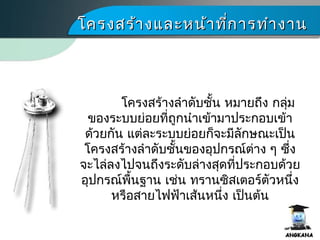 โครงสร้างและหน้าที่การทำางานโครงสร้างและหน้าที่การทำางาน
โครงสร้างลำาดับชั้น หมายถึง กลุ่ม
ของระบบย่อยที่ถูกนำาเข้ามาประกอบเข้า
ด้วยกัน แต่ละระบบย่อยก็จะมีลักษณะเป็น
โครงสร้างลำาดับชั้นของอุปกรณ์ต่าง ๆ ซึ่ง
จะไล่ลงไปจนถึงระดับล่างสุดที่ประกอบด้วย
อุปกรณ์พื้นฐาน เช่น ทรานซิสเตอร์ตัวหนึ่ง
หรือสายไฟฟ้าเส้นหนึ่ง เป็นต้น
 