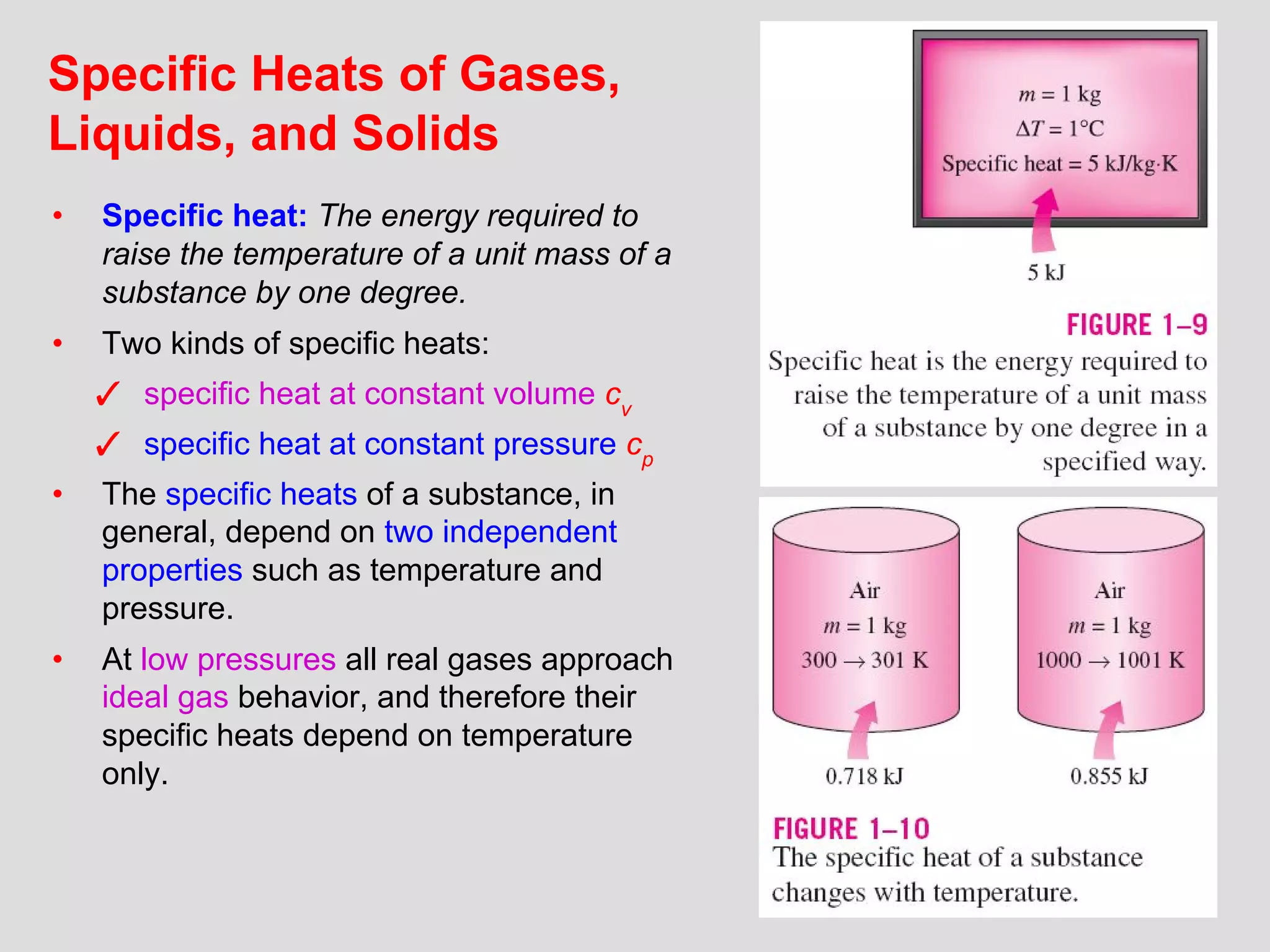 13
Specific Heats of Gases,
Liquids, and Solids
• Specific heat: The energy required to
raise the temperature of a unit mass of a
substance by one degree.
• Two kinds of specific heats:
✓ specific heat at constant volume cv
✓ specific heat at constant pressure cp
• The specific heats of a substance, in
general, depend on two independent
properties such as temperature and
pressure.
• At low pressures all real gases approach
ideal gas behavior, and therefore their
specific heats depend on temperature
only.
 