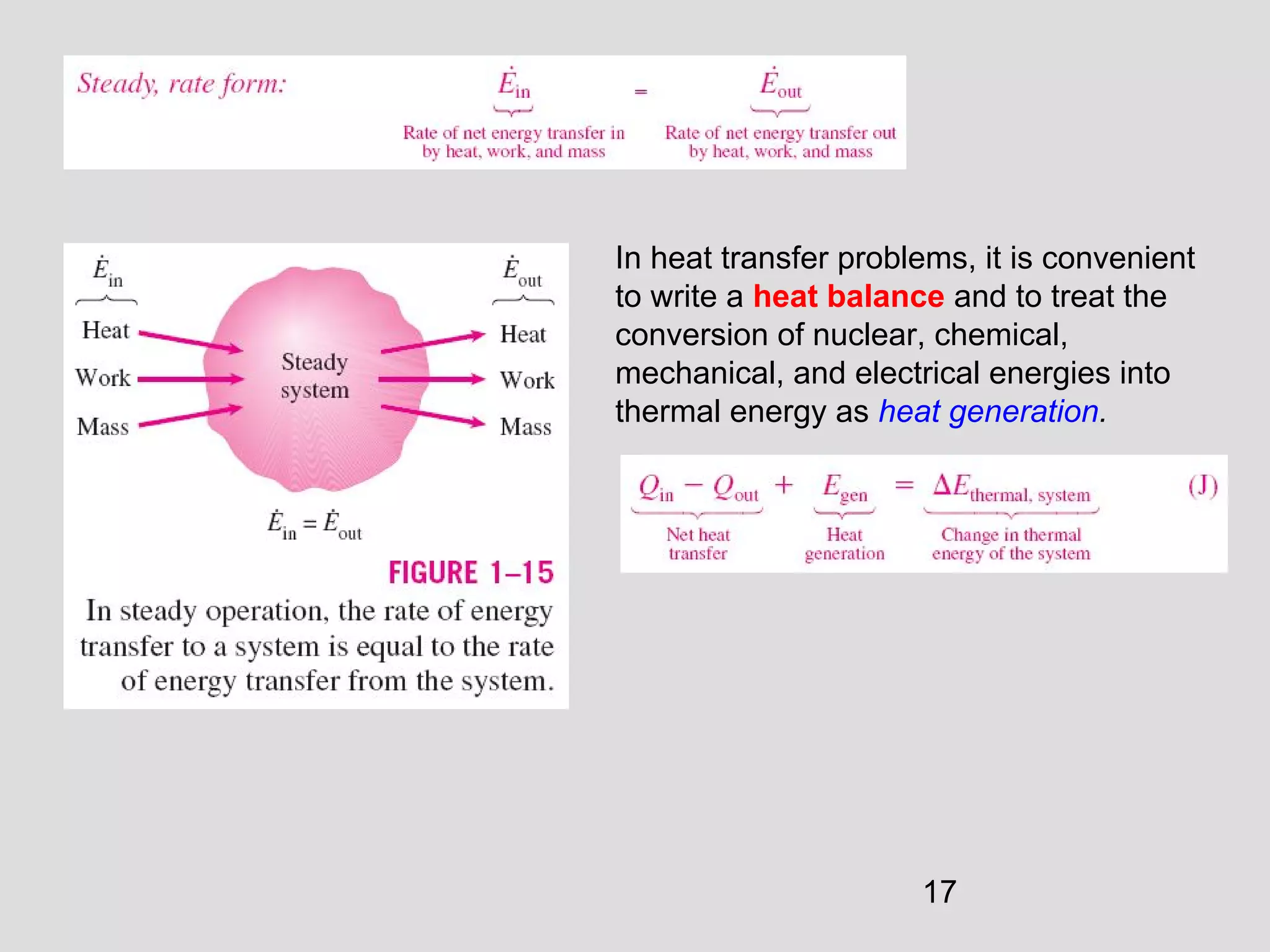 17
In heat transfer problems, it is convenient
to write a heat balance and to treat the
conversion of nuclear, chemical,
mechanical, and electrical energies into
thermal energy as heat generation.
 