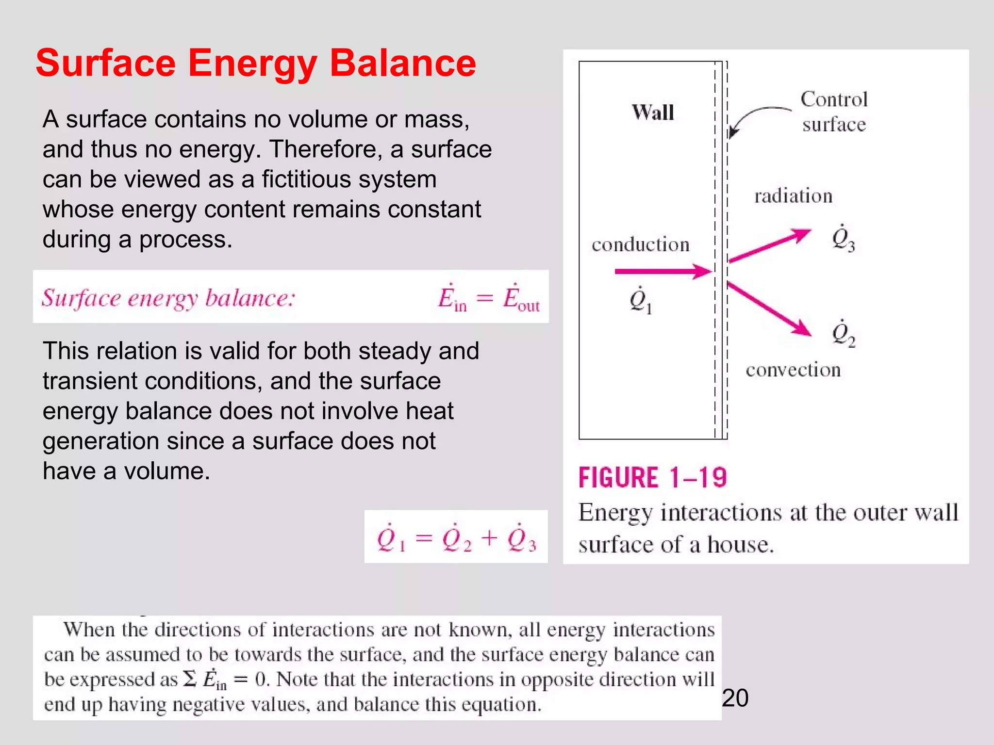 20
Surface Energy Balance
This relation is valid for both steady and
transient conditions, and the surface
energy balance does not involve heat
generation since a surface does not
have a volume.
A surface contains no volume or mass,
and thus no energy. Therefore, a surface
can be viewed as a fictitious system
whose energy content remains constant
during a process.
 