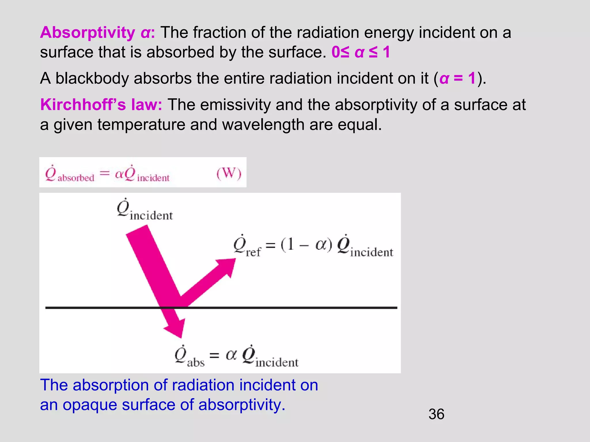 36
Absorptivity α: The fraction of the radiation energy incident on a
surface that is absorbed by the surface. 0≤ α ≤ 1
A blackbody absorbs the entire radiation incident on it (α = 1).
Kirchhoff’s law: The emissivity and the absorptivity of a surface at
a given temperature and wavelength are equal.
The absorption of radiation incident on
an opaque surface of absorptivity.
 