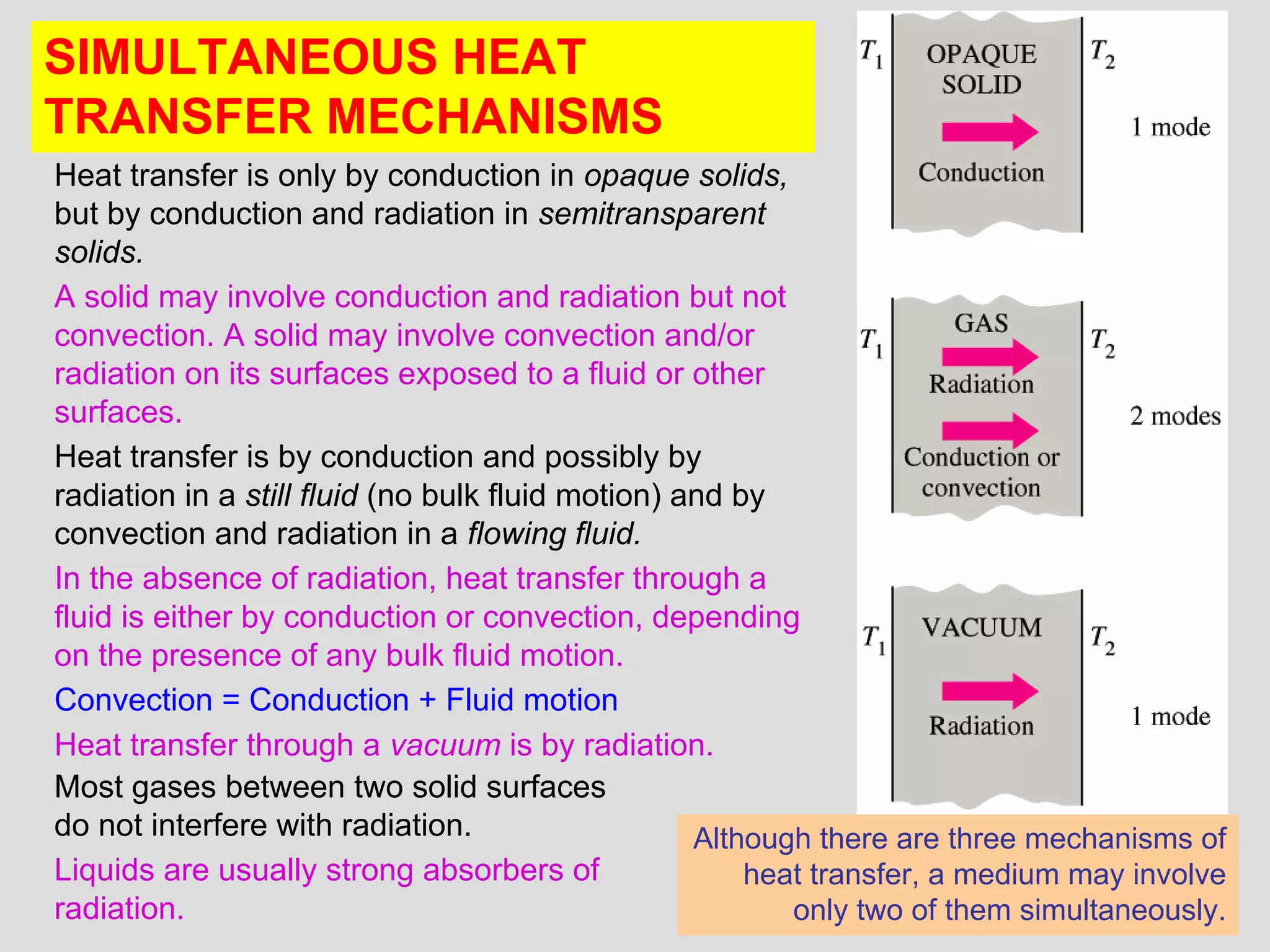 39
SIMULTANEOUS HEAT
TRANSFER MECHANISMS
Although there are three mechanisms of
heat transfer, a medium may involve
only two of them simultaneously.
Heat transfer is only by conduction in opaque solids,
but by conduction and radiation in semitransparent
solids.
A solid may involve conduction and radiation but not
convection. A solid may involve convection and/or
radiation on its surfaces exposed to a fluid or other
surfaces.
Heat transfer is by conduction and possibly by
radiation in a still fluid (no bulk fluid motion) and by
convection and radiation in a flowing fluid.
In the absence of radiation, heat transfer through a
fluid is either by conduction or convection, depending
on the presence of any bulk fluid motion.
Convection = Conduction + Fluid motion
Heat transfer through a vacuum is by radiation.
Most gases between two solid surfaces
do not interfere with radiation.
Liquids are usually strong absorbers of
radiation.
 