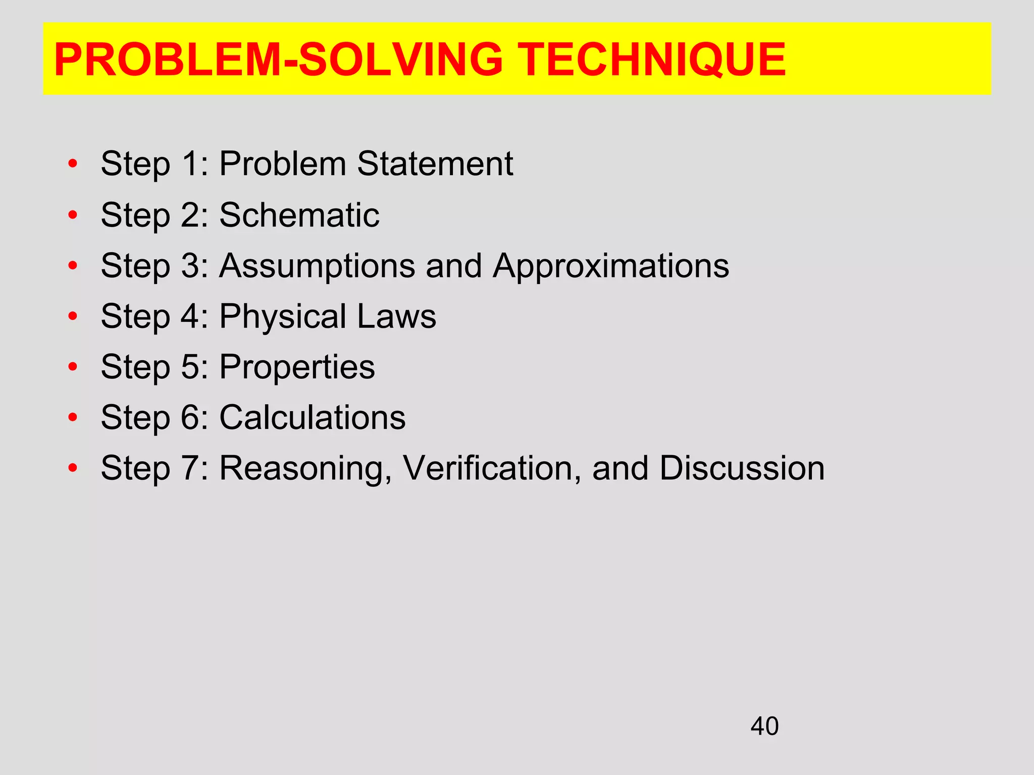 40
PROBLEM-SOLVING TECHNIQUE
• Step 1: Problem Statement
• Step 2: Schematic
• Step 3: Assumptions and Approximations
• Step 4: Physical Laws
• Step 5: Properties
• Step 6: Calculations
• Step 7: Reasoning, Verification, and Discussion
 