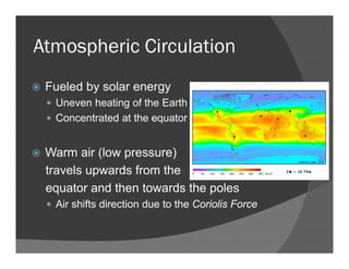 Atmospheric Circulation
Fueled by solar energy
Uneven heating of the Earth
Concentrated at the equator
Warm air (low pressure)
travels upwards from the
equator and then towards the poles
Air shifts direction due to the Coriolis Force
 