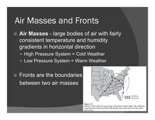 Air Masses and Fronts
Air Masses - large bodies of air with fairly
consistent temperature and humidity
gradients in horizontal direction
High Pressure System = Cold Weather
Low Pressure System = Warm Weather
Fronts are the boundaries
between two air masses
 
