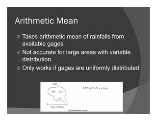 Arithmetic Mean
Takes arithmetic mean of rainfalls from
available gages
Not accurate for large areas with variable
distribution
Only works if gages are uniformly distributed
 