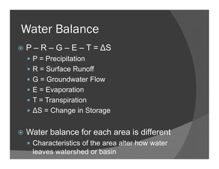 Water Balance
P – R – G – E – T = ∆S
P = Precipitation
R = Surface Runoff
G = Groundwater Flow
E = Evaporation
T = Transpiration
∆S = Change in Storage
Water balance for each area is different
Characteristics of the area alter how water
leaves watershed or basin
 