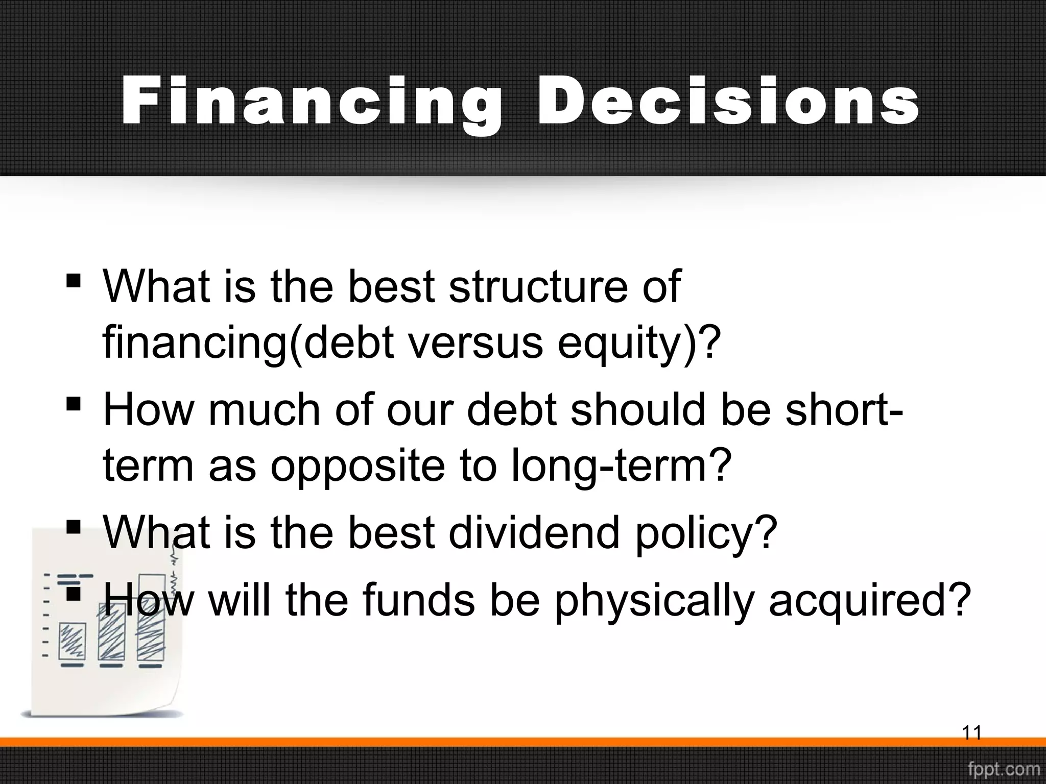 Financing Decisions
 What is the best structure of
financing(debt versus equity)?
 How much of our debt should be short-
term as opposite to long-term?
 What is the best dividend policy?
 How will the funds be physically acquired?
11
 