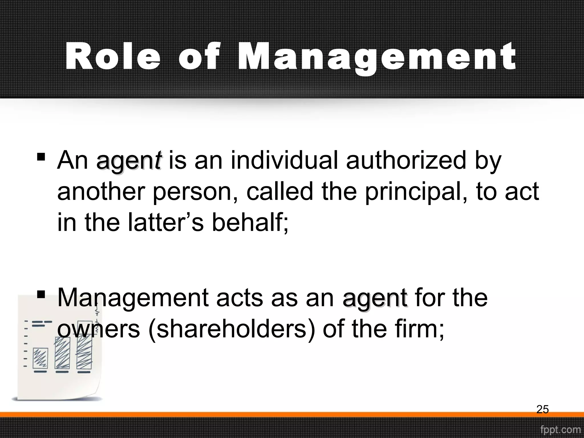 Role of Management
 An agenagentt is an individual authorized by
another person, called the principal, to act
in the latter’s behalf;
 Management acts as an agentagent for the
owners (shareholders) of the firm;
25
 