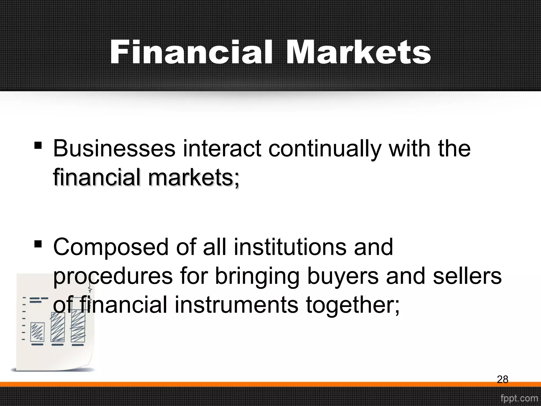 Financial Markets
 Businesses interact continually with the
financial markets;financial markets;
 Composed of all institutions and
procedures for bringing buyers and sellers
of financial instruments together;
28
 