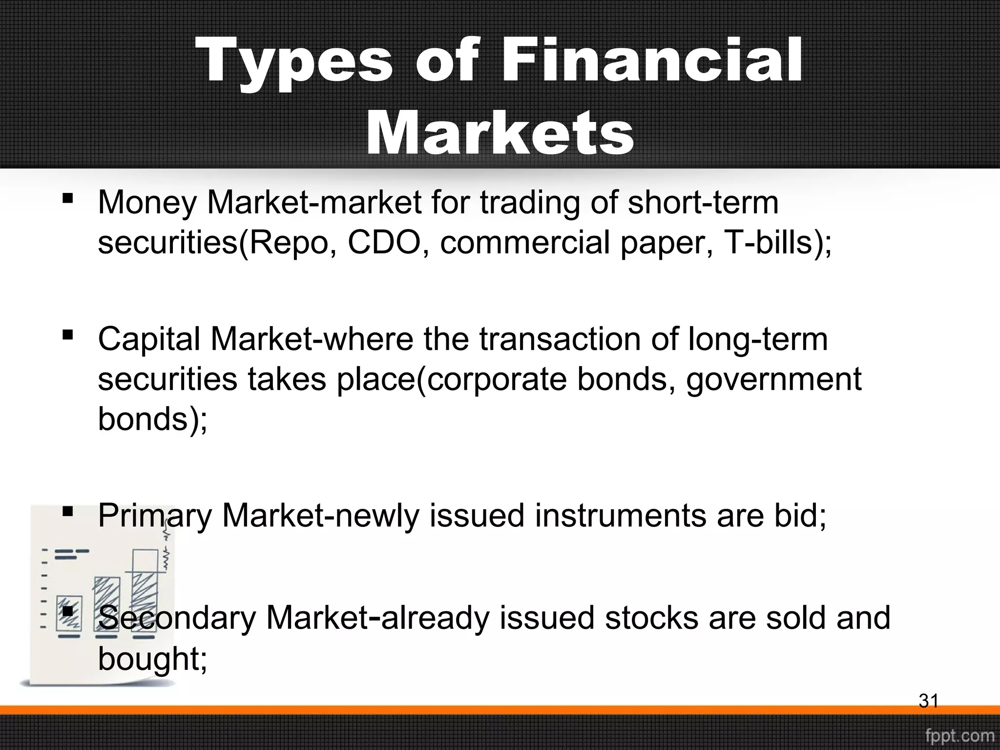 Types of Financial
Markets
 Money Market-market for trading of short-term
securities(Repo, CDO, commercial paper, T-bills);
 Capital Market-where the transaction of long-term
securities takes place(corporate bonds, government
bonds);
 Primary Market-newly issued instruments are bid;
 Secondary Market-already issued stocks are sold and
bought;
31
 