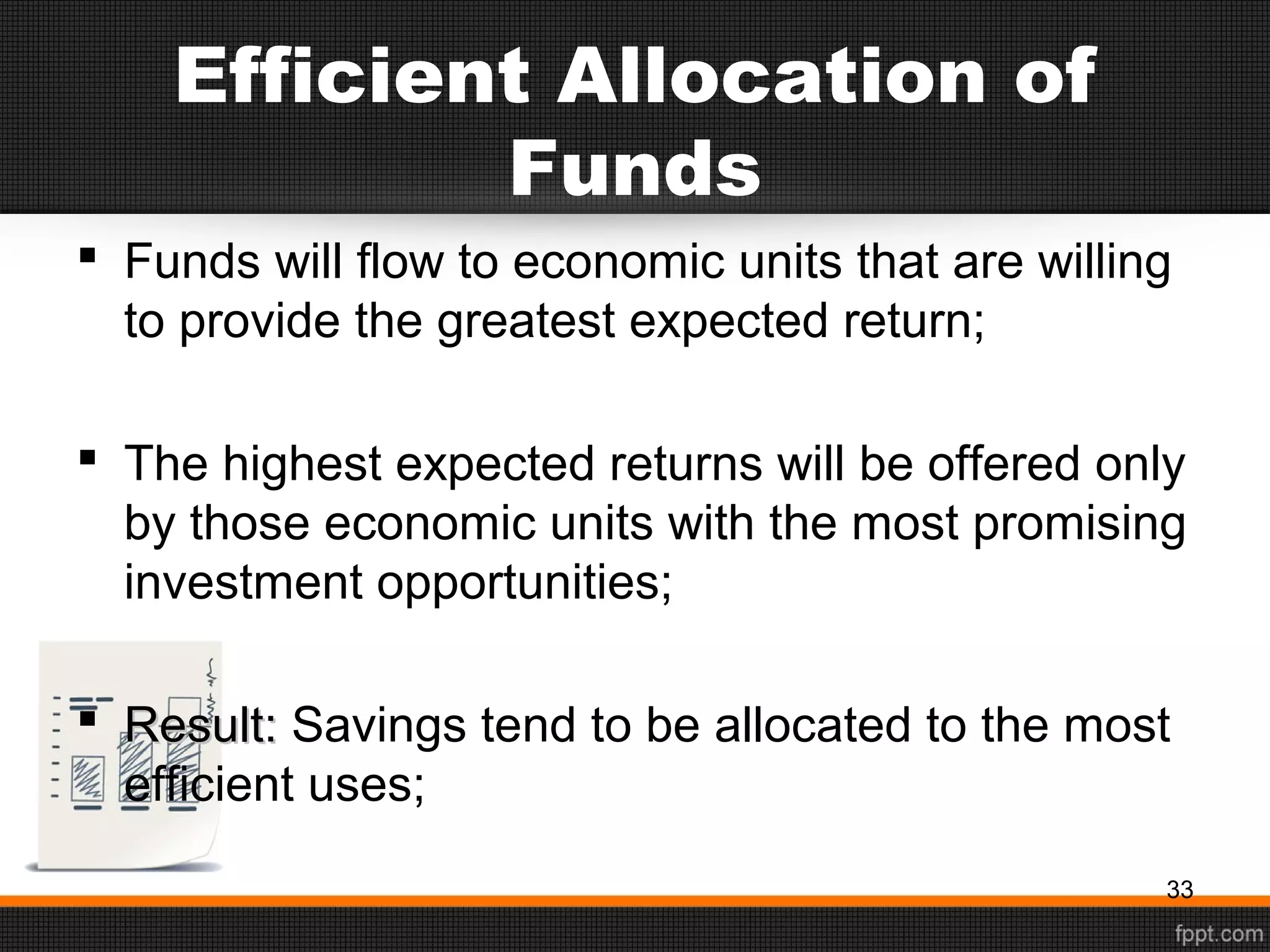 Efficient Allocation of
Funds
 Funds will flow to economic units that are willing
to provide the greatest expected return;
 The highest expected returns will be offered only
by those economic units with the most promising
investment opportunities;
 Result:Result: Savings tend to be allocated to the most
efficient uses;
33
 