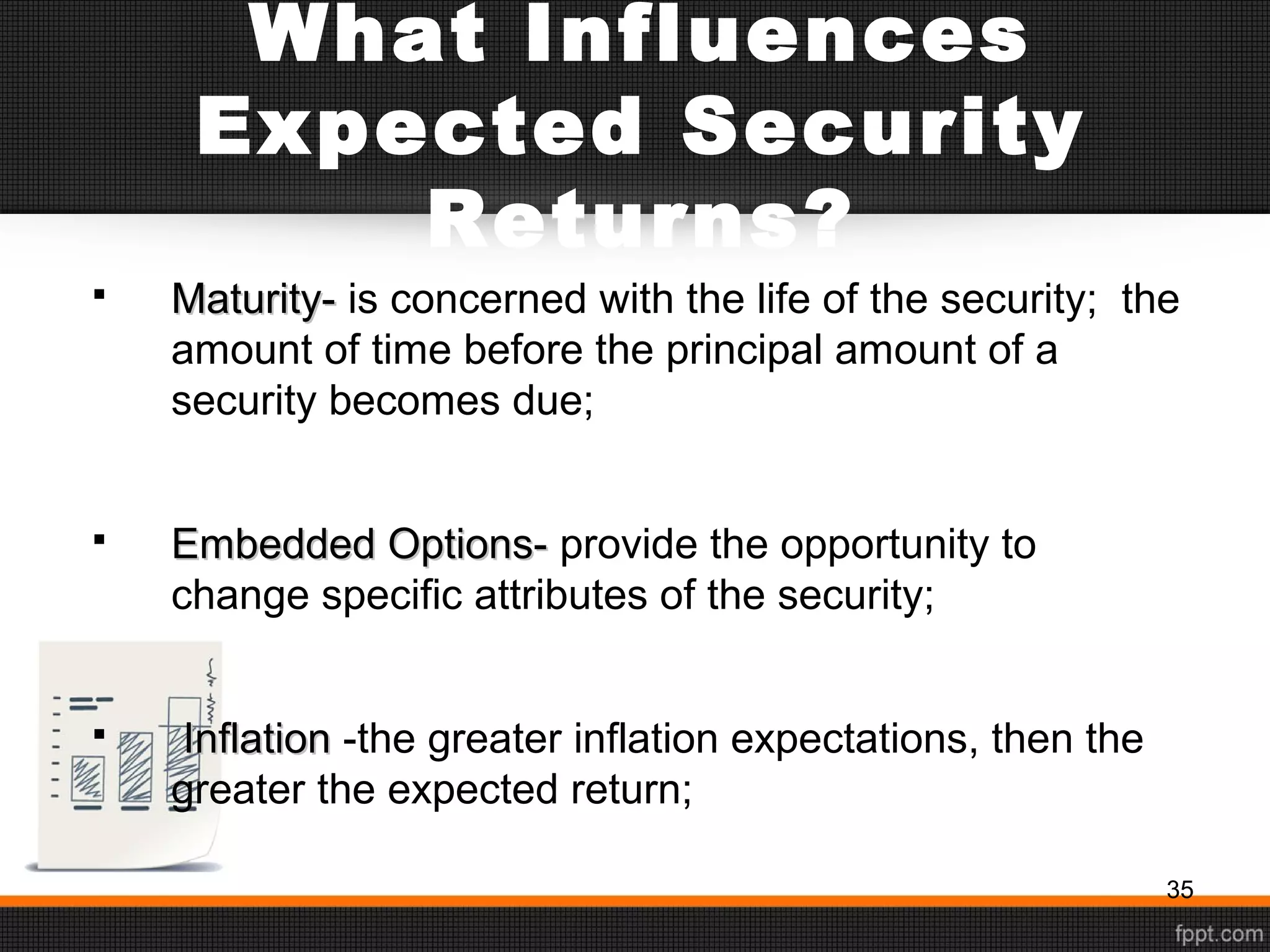 What Influences
Expected Security
Returns?
 Maturity-Maturity- is concerned with the life of the security; the
amount of time before the principal amount of a
security becomes due;
 Embedded Options-Embedded Options- provide the opportunity to
change specific attributes of the security;
 InflationInflation -the greater inflation expectations, then the
greater the expected return;
35
 