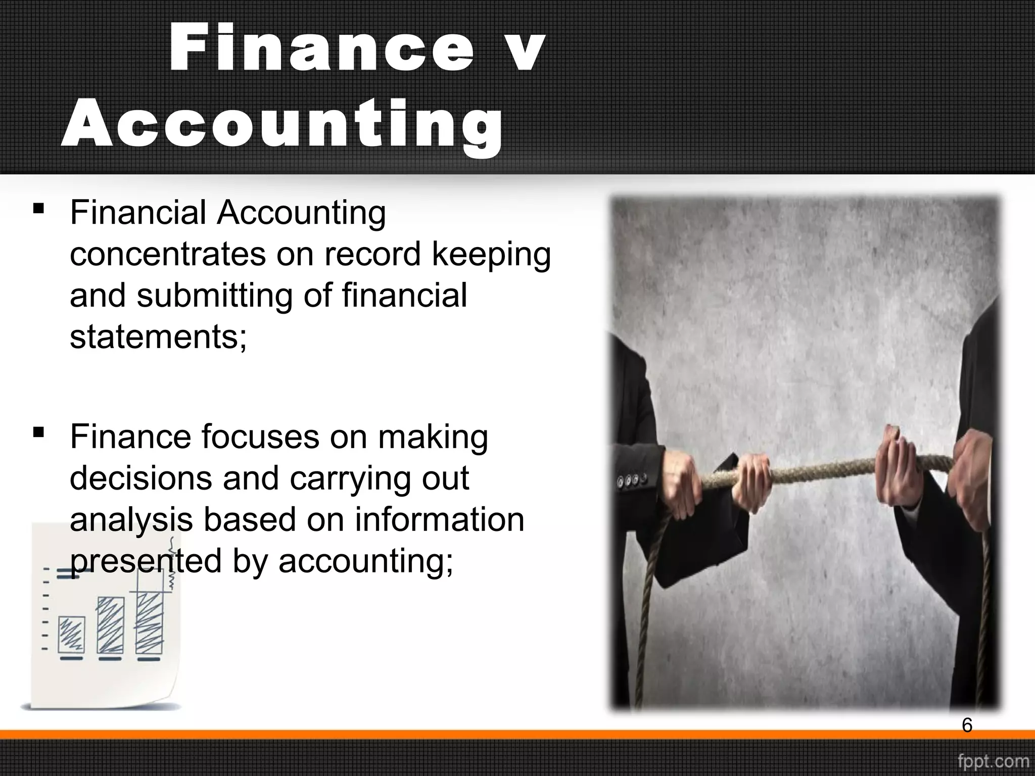 Finance v
Accounting
 Financial Accounting
concentrates on record keeping
and submitting of financial
statements;
 Finance focuses on making
decisions and carrying out
analysis based on information
presented by accounting;
6
 