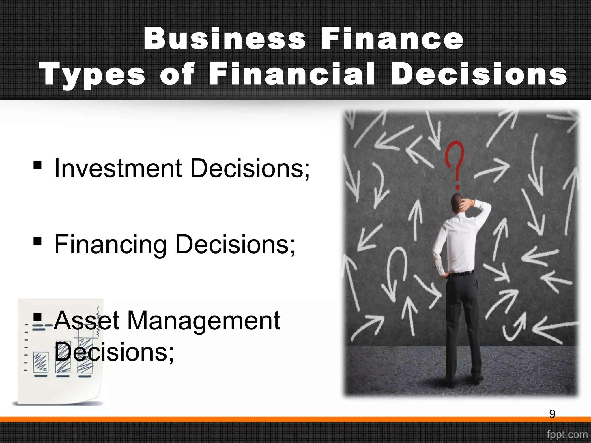 Business Finance
Types of Financial Decisions
 Investment Decisions;
 Financing Decisions;
 Asset Management
Decisions;
9
 