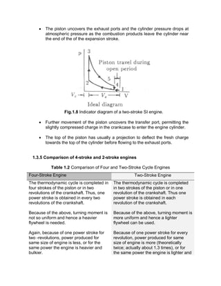 · The piston uncovers the exhaust ports and the cylinder pressure drops at
atmospheric pressure as the combustion products leave the cylinder near
the end of the of the expansion stroke.
Fig.1.8 Indicator diagram of a two-stroke SI engine.
· Further movement of the piston uncovers the transfer port, permitting the
slightly compressed charge in the crankcase to enter the engine cylinder.
· The top of the piston has usually a projection to deflect the fresh charge
towards the top of the cylinder before flowing to the exhaust ports.
1.3.5 Comparison of 4-stroke and 2-stroke engines
Table 1.2 Comparison of Four and Two-Stroke Cycle Engines
Four-Stroke Engine Two-Stroke Engine
The thermodynamic cycle is completed in
four strokes of the piston or in two
revolutions of the crankshaft. Thus, one
power stroke is obtained in every two
revolutions of the crankshaft.
The thermodynamic cycle is completed
in two strokes of the piston or in one
revolution of the crankshaft. Thus one
power stroke is obtained in each
revolution of the crankshaft.
Because of the above, turning moment is
not so uniform and hence a heavier
flywheel is needed.
Because of the above, turning moment is
more uniform and hence a lighter
flywheel can be used.
Again, because of one power stroke for
two -revolutions, power produced for
same size of engine is less, or for the
same power the engine is heavier and
bulkier.
Because of one power stroke for every
revolution, power produced for same
size of engine is more (theoretically
twice; actually about 1.3 times), or for
the same power the engine is lighter and
 