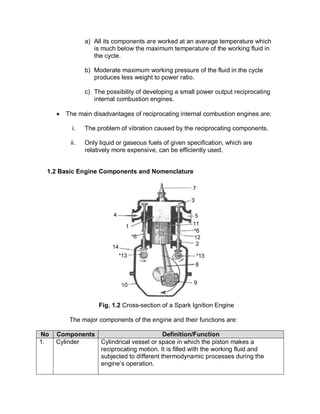 a) All its components are worked at an average temperature which
is much below the maximum temperature of the working fluid in
the cycle.
b) Moderate maximum working pressure of the fluid in the cycle
produces less weight to power ratio.
c) The possibility of developing a small power output reciprocating
internal combustion engines.
· The main disadvantages of reciprocating internal combustion engines are:
i. The problem of vibration caused by the reciprocating components.
ii. Only liquid or gaseous fuels of given specification, which are
relatively more expensive, can be efficiently used.
1.2 Basic Engine Components and Nomenclature
Fig. 1.2 Cross-section of a Spark Ignition Engine
The major components of the engine and their functions are:
No Components Definition/Function
1. Cylinder Cylindrical vessel or space in which the piston makes a
reciprocating motion. It is filled with the working fluid and
subjected to different thermodynamic processes during the
engine’s operation.
 