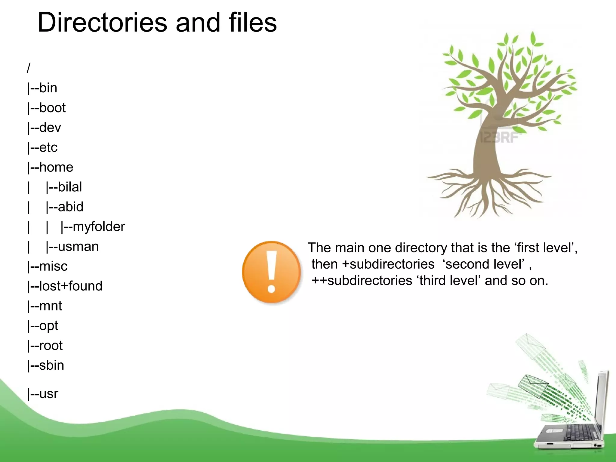 /
|--bin
|--boot
|--dev
|--etc
|--home
| |--bilal
| |--abid
| | |--myfolder
| |--usman
|--misc
|--lost+found
|--mnt
|--opt
|--root
|--sbin
|--usr
Directories and files
The main one directory that is the ‘first level’,
then +subdirectories ‘second level’ ,
++subdirectories ‘third level’ and so on.
 