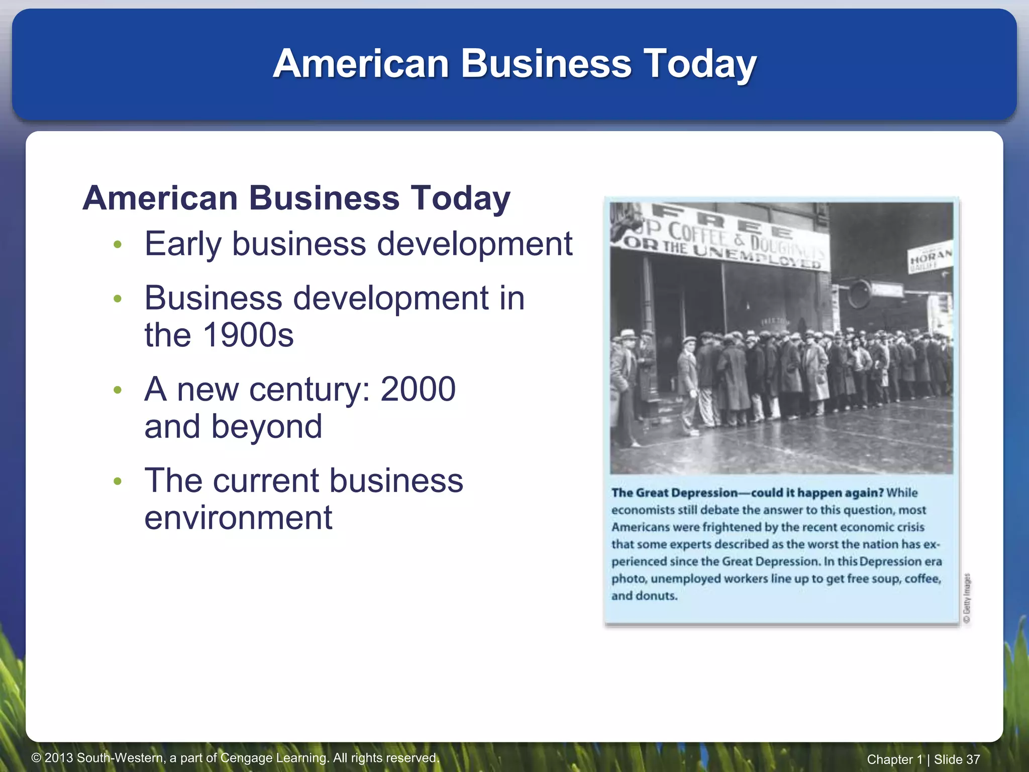 © 2013 South-Western, a part of Cengage Learning. All rights reserved. Chapter 1 | Slide 37
American Business Today
• Early business development
• Business development in
the 1900s
• A new century: 2000
and beyond
• The current business
environment
American Business Today
 