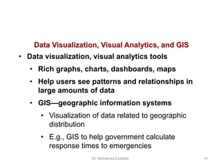 Data Visualization, Visual Analytics, and GIS
• Data visualization, visual analytics tools
• Rich graphs, charts, dashboards, maps
• Help users see patterns and relationships in
large amounts of data
• GIS—geographic information systems
• Visualization of data related to geographic
distribution
• E.g., GIS to help government calculate
response times to emergencies
Dr. Mohamed Ezzeldin 14
 