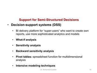Support for Semi-Structured Decisions
• Decision-support systems (DSS)
• BI delivery platform for “super-users” who want to create own
reports, use more sophisticated analytics and models
• What-if analysis
• Sensitivity analysis
• Backward sensitivity analysis
• Pivot tables: spreadsheet function for multidimensional
analysis
• Intensive modeling techniques
Dr. Mohamed Ezzeldin 16
 