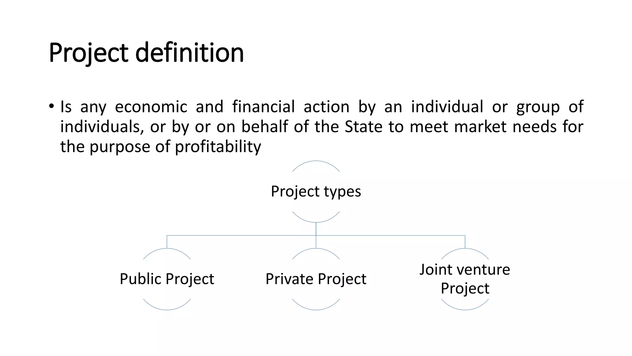 Project definition
• Is any economic and financial action by an individual or group of
individuals, or by or on behalf of the State to meet market needs for
the purpose of profitability
Project types
Public Project Private Project
Joint venture
Project
 
