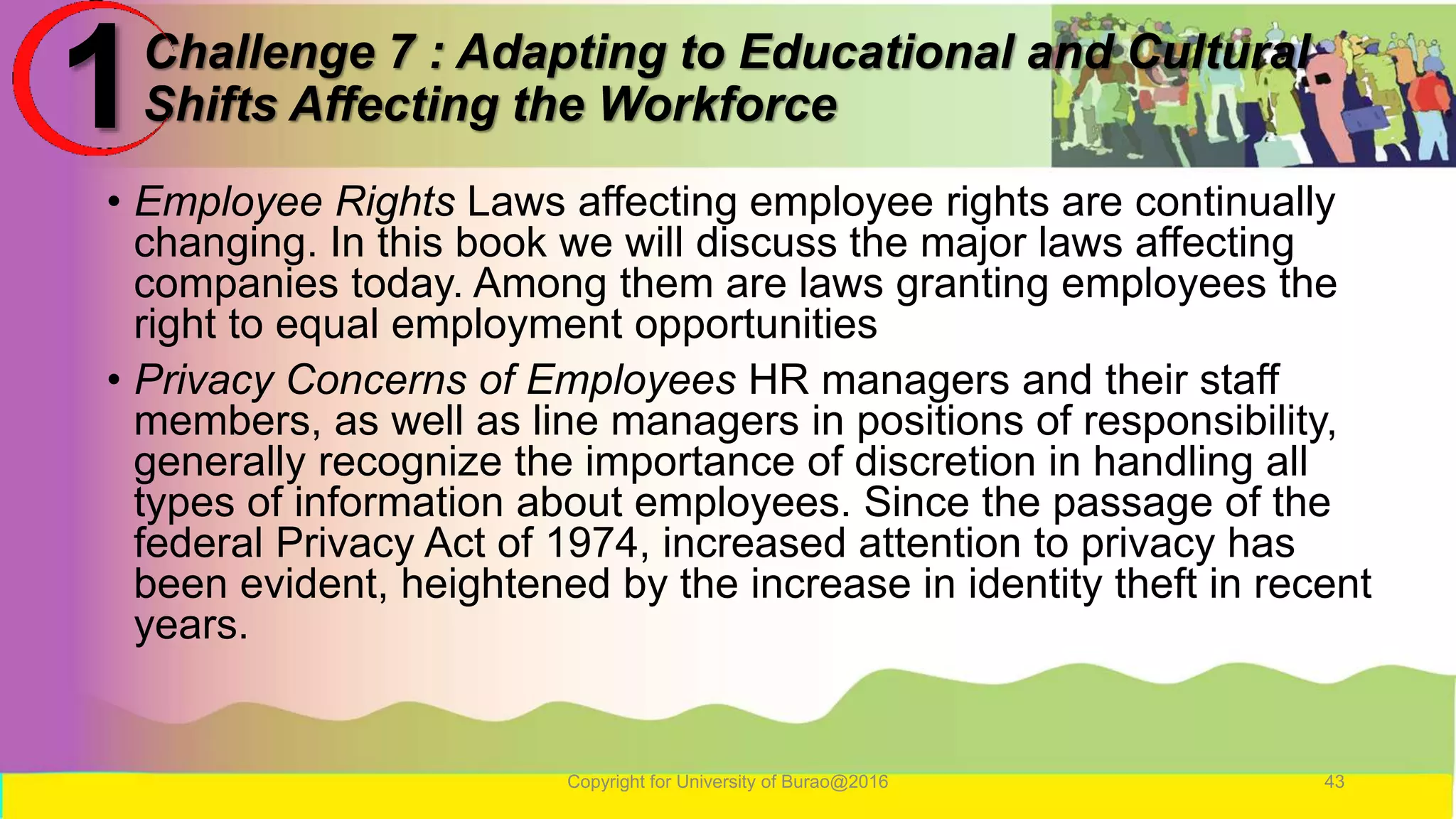 Challenge 7 : Adapting to Educational and Cultural
Shifts Affecting the Workforce
• Employee Rights Laws affecting employee rights are continually
changing. In this book we will discuss the major laws affecting
companies today. Among them are laws granting employees the
right to equal employment opportunities
• Privacy Concerns of Employees HR managers and their staff
members, as well as line managers in positions of responsibility,
generally recognize the importance of discretion in handling all
types of information about employees. Since the passage of the
federal Privacy Act of 1974, increased attention to privacy has
been evident, heightened by the increase in identity theft in recent
years.
Copyright for University of Burao@2016 43
1
 