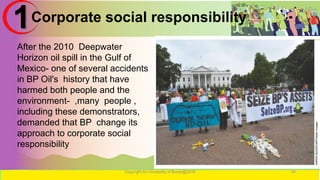 Corporate social responsibility
Copyright for University of Burao@2016 24
1
After the 2010 Deepwater
Horizon oil spill in the Gulf of
Mexico- one of several accidents
in BP Oil's history that have
harmed both people and the
environment- ,many people ,
including these demonstrators,
demanded that BP change its
approach to corporate social
responsibility
 