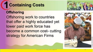 Containing Costs
Copyright for University of Burao@2016 35
1
Offshoring work to countries
that offer a highly educated yet
lower paid work force has
become a common cost- cutting
strategy for American Firms
Offshoring
 