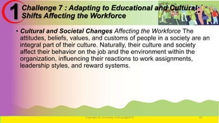 Challenge 7 : Adapting to Educational and Cultural
Shifts Affecting the Workforce
• Cultural and Societal Changes Affecting the Workforce The
attitudes, beliefs, values, and customs of people in a society are an
integral part of their culture. Naturally, their culture and society
affect their behavior on the job and the environment within the
organization, influencing their reactions to work assignments,
leadership styles, and reward systems.
Copyright for University of Burao@2016 42
1
 