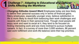 Challenge 7 : Adapting to Educational and Cultural
Shifts Affecting the Workforce
• Changing Attitudes toward Work Employees today are less likely
to define their personal success only in terms of financial gains.
Many employees, especially younger ones, believe satisfaction in
life is more likely to result from balancing their work challenges and
rewards with those in their personal lives. Though most people still
enjoy work and want to excel at it, they tend to be focused on
finding interesting work and are more inclined to pursue multiple
careers. In fact, in a survey of more than 3,000 workers, 86 percent
said work fulfillment and work-life balance were their top priorities.
Copyright for University of Burao@2016 45
1
 