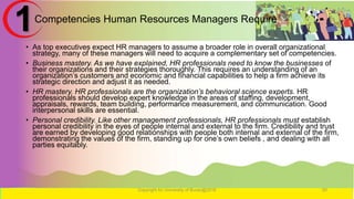 Competencies Human Resources Managers Require
• As top executives expect HR managers to assume a broader role in overall organizational
strategy, many of these managers will need to acquire a complementary set of competencies.
• Business mastery. As we have explained, HR professionals need to know the businesses of
their organizations and their strategies thoroughly. This requires an understanding of an
organization’s customers and economic and financial capabilities to help a firm achieve its
strategic direction and adjust it as needed.
• HR mastery. HR professionals are the organization’s behavioral science experts. HR
professionals should develop expert knowledge in the areas of staffing, development,
appraisals, rewards, team building, performance measurement, and communication. Good
interpersonal skills are essential.
• Personal credibility. Like other management professionals, HR professionals must establish
personal credibility in the eyes of people internal and external to the firm. Credibility and trust
are earned by developing good relationships with people both internal and external of the firm,
demonstrating the values of the firm, standing up for one’s own beliefs , and dealing with all
parties equitably.
Copyright for University of Burao@2016 50
1
 