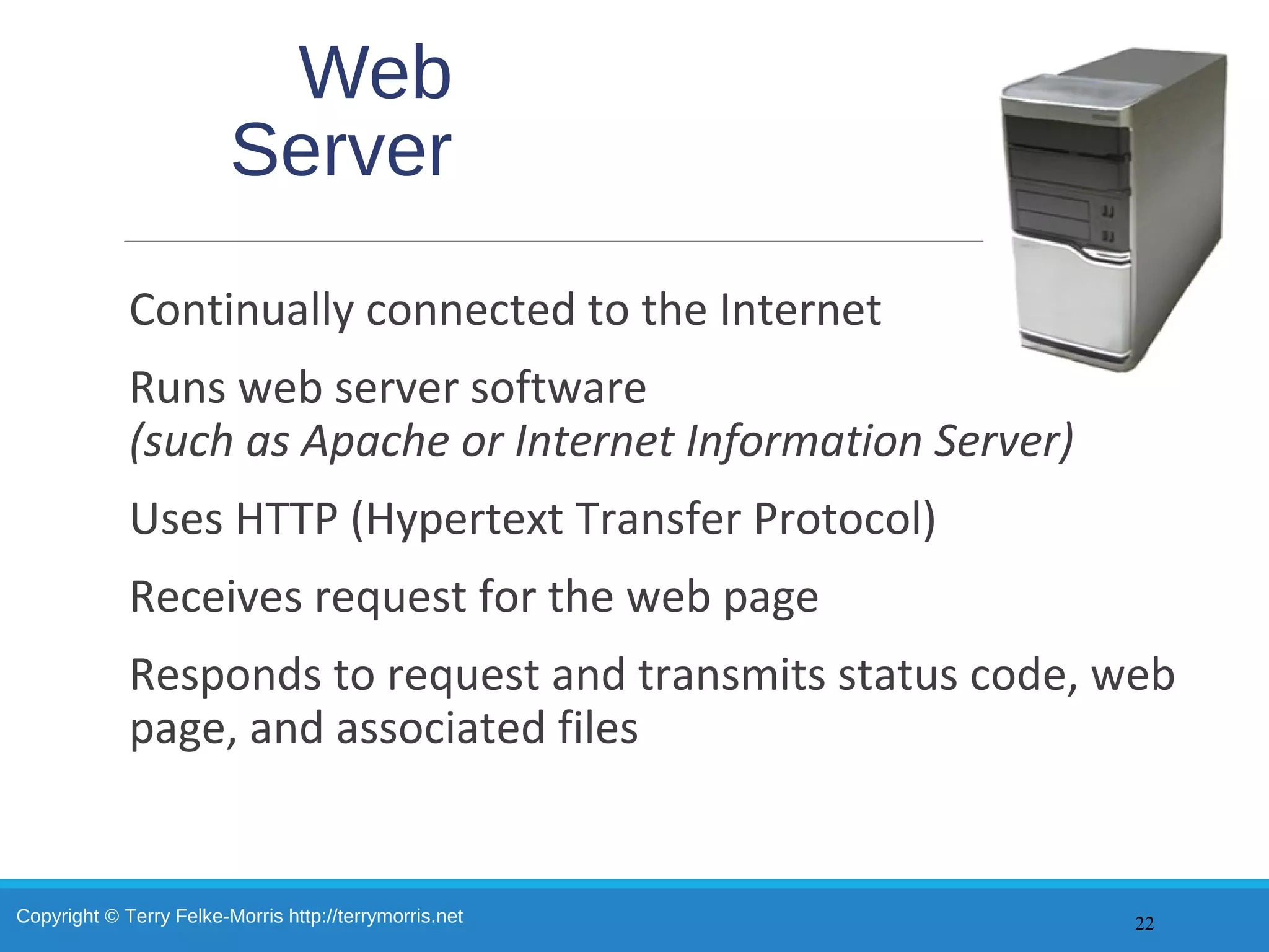Copyright © Terry Felke-Morris http://terrymorris.net
Web
Server
Continually connected to the Internet
Runs web server software
(such as Apache or Internet Information Server)
Uses HTTP (Hypertext Transfer Protocol)
Receives request for the web page
Responds to request and transmits status code, web
page, and associated files
22
 