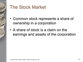 Copyright © 2007 Pearson Addison-Wesley. All rights reserved. 1-7
The Stock Market
• Common stock represents a share of
ownership in a corporation
• A share of stock is a claim on the
earnings and assets of the corporation
 