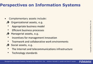 Copyright©2013DorlingKindersley(India)Pvt.Ltd.
Management Information Systems: Managing the Digital Firm, 12e Authors: Kenneth C. Laudon and Jane P. Laudon
• Complementary assets include:
Organizational assets, e.g.
 Appropriate business model
 Efficient business processes
Managerial assets, e.g.
 Incentives for management innovation
 Teamwork and collaborative work environments
Social assets, e.g.
 The Internet and telecommunications infrastructure
 Technology standards
Perspectives on Information Systems
 