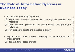Copyright©2013DorlingKindersley(India)Pvt.Ltd.
Management Information Systems: Managing the Digital Firm, 12e Authors: Kenneth C. Laudon and Jane P. Laudon
• In the emerging, fully digital firm
Significant business relationships are digitally enabled and
mediated
Core business processes are accomplished through digital
networks
Key corporate assets are managed digitally
• Digital firms offer greater flexibility in organization and
management
Time shifting, space shifting
The Role of Information Systems in
Business Today
 