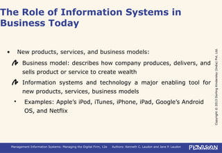 Copyright©2013DorlingKindersley(India)Pvt.Ltd.
Management Information Systems: Managing the Digital Firm, 12e Authors: Kenneth C. Laudon and Jane P. Laudon
• New products, services, and business models:
Business model: describes how company produces, delivers, and
sells product or service to create wealth
Information systems and technology a major enabling tool for
new products, services, business models
 Examples: Apple’s iPod, iTunes, iPhone, iPad, Google’s Android
OS, and Netflix
The Role of Information Systems in
Business Today
 